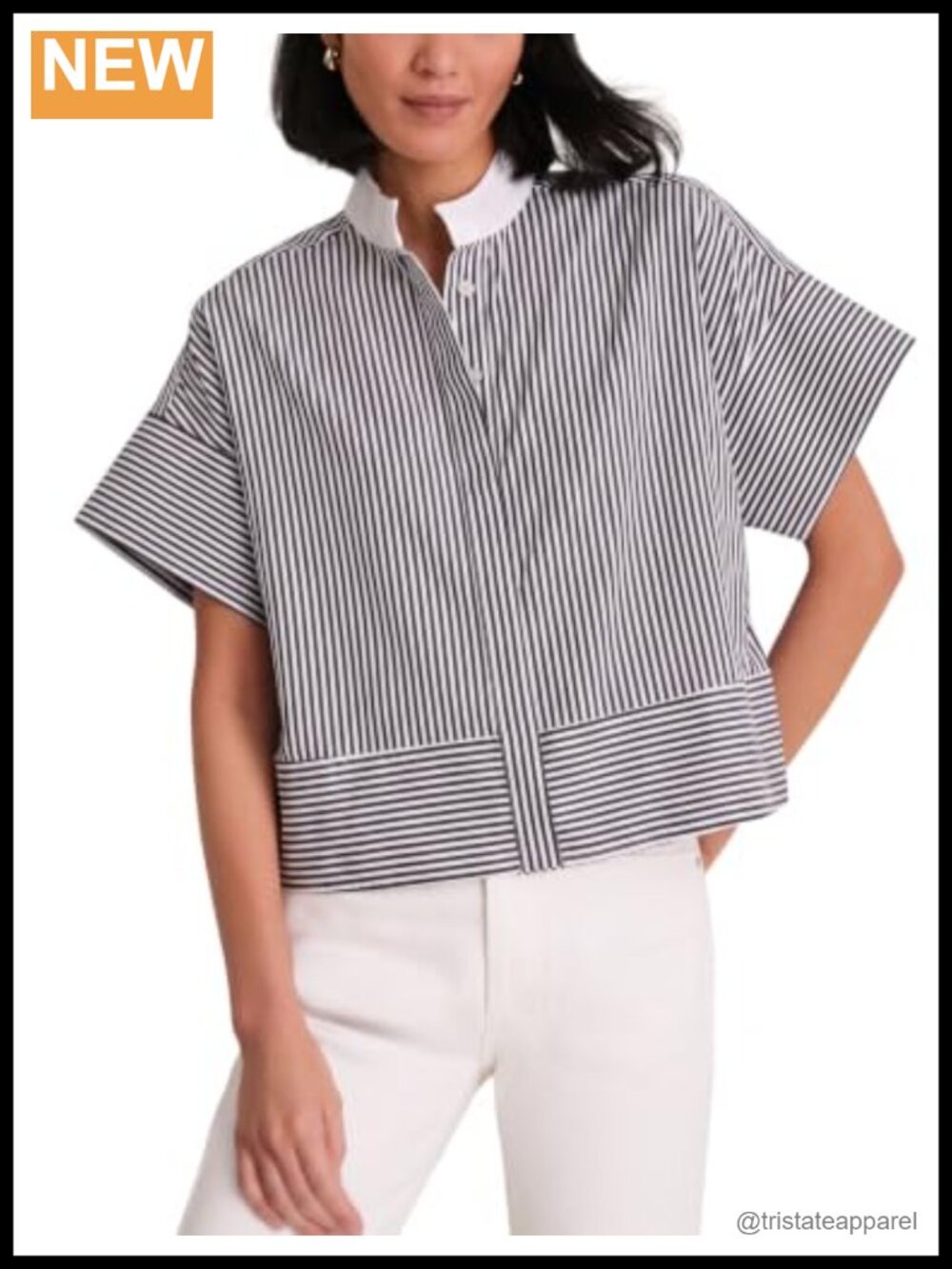 Striped Cotton Blend Boxy Fit Oversized Sleeve Top